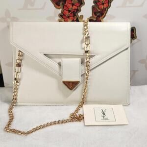 Authentic- YSL Yves Saint Laurent white leather clutch- EUC with COA